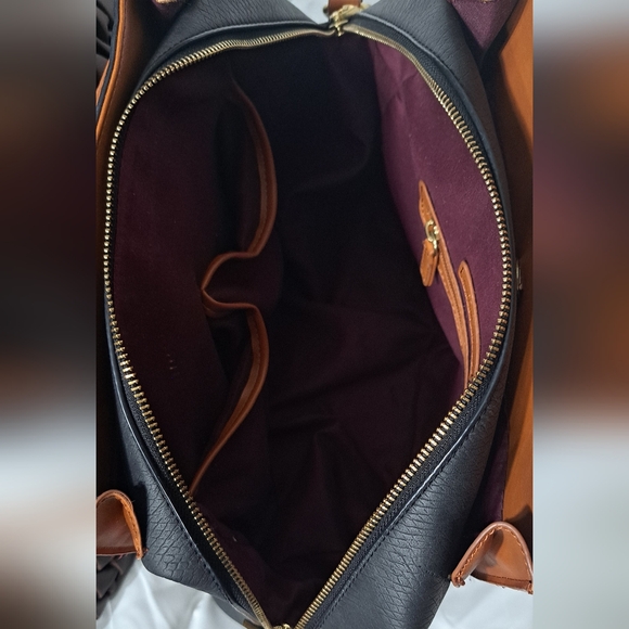 Adrienne Vittadini | Large Black/Brown Faux Leather Dome Satchel Crossbody Bag - Picture 7 of 16